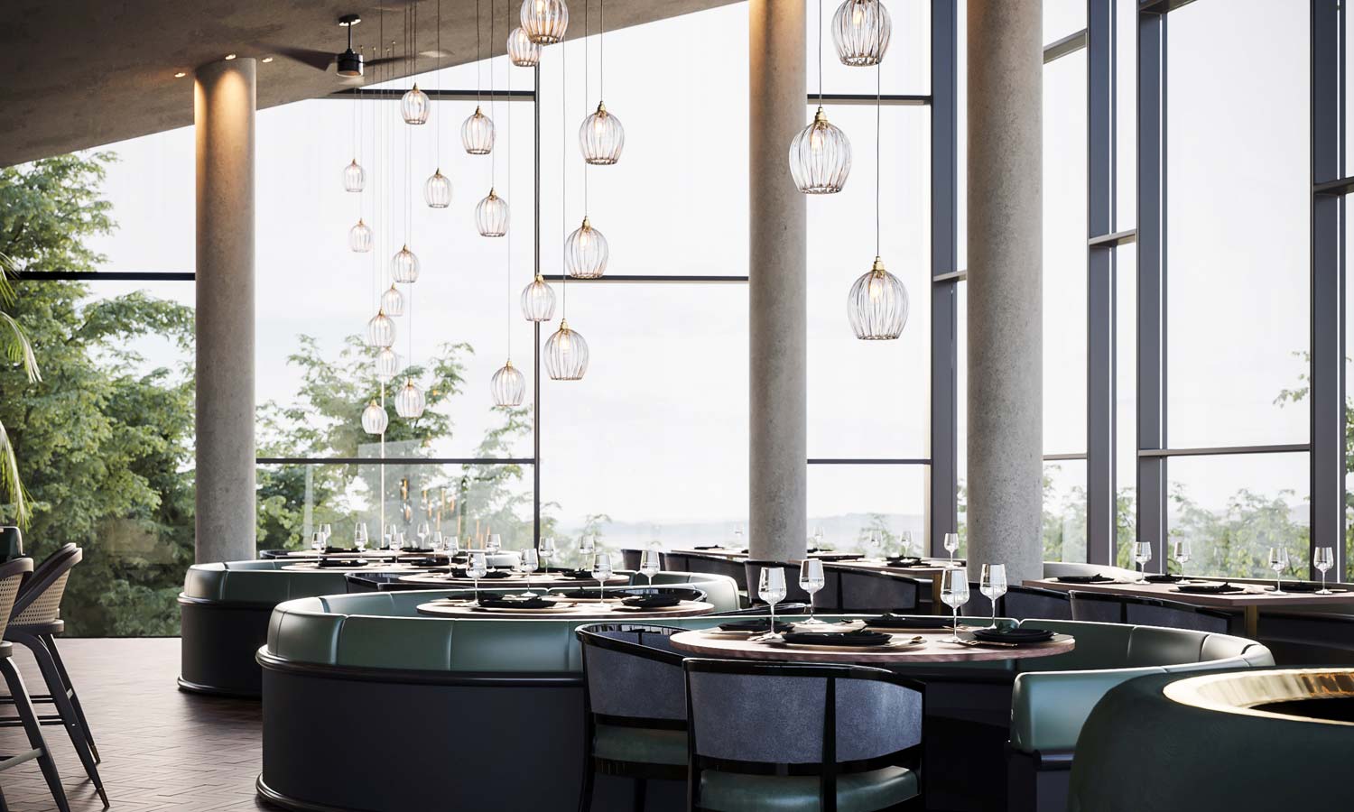 The Wimbledon Cluster Eatery where fine ribbed cluster chandeliers - designed and handmade in Britain - present intimate luminous solutions to nooks, booths and other dining concepts in the restaurant..