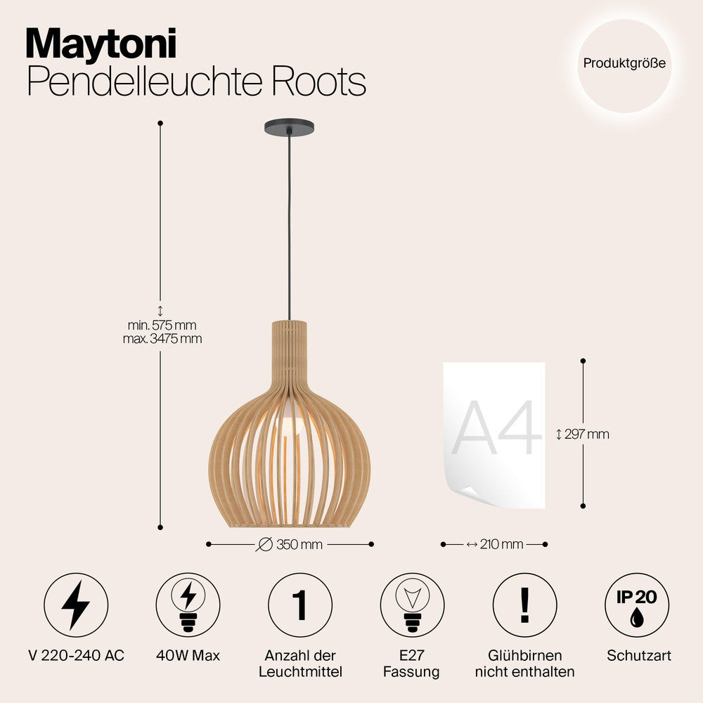 Roots Large Dome Pendant Light With Beige Wooden Lampshade-Maytoni-South Charlotte Fine Lighting