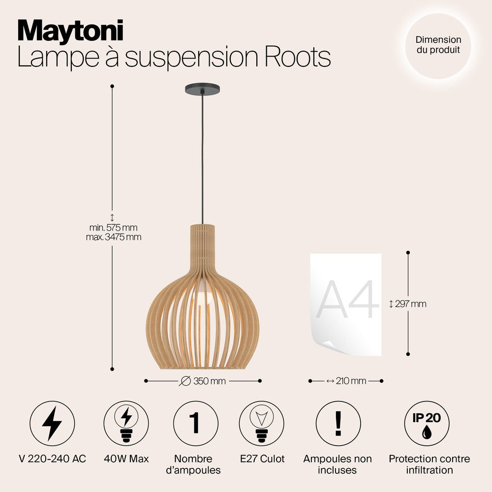 Roots Large Dome Pendant Light With Beige Wooden Lampshade-Maytoni-South Charlotte Fine Lighting