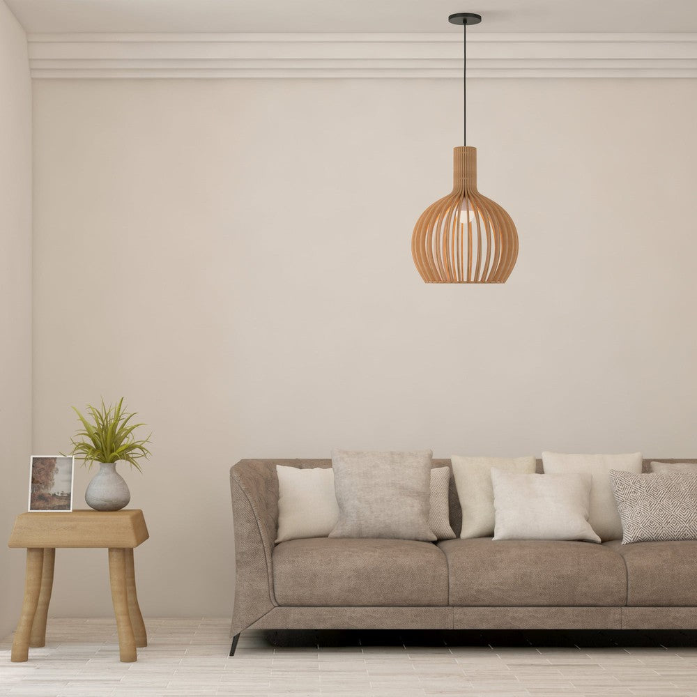 Roots Large Dome Pendant Light With Beige Wooden Lampshade-Maytoni-South Charlotte Fine Lighting