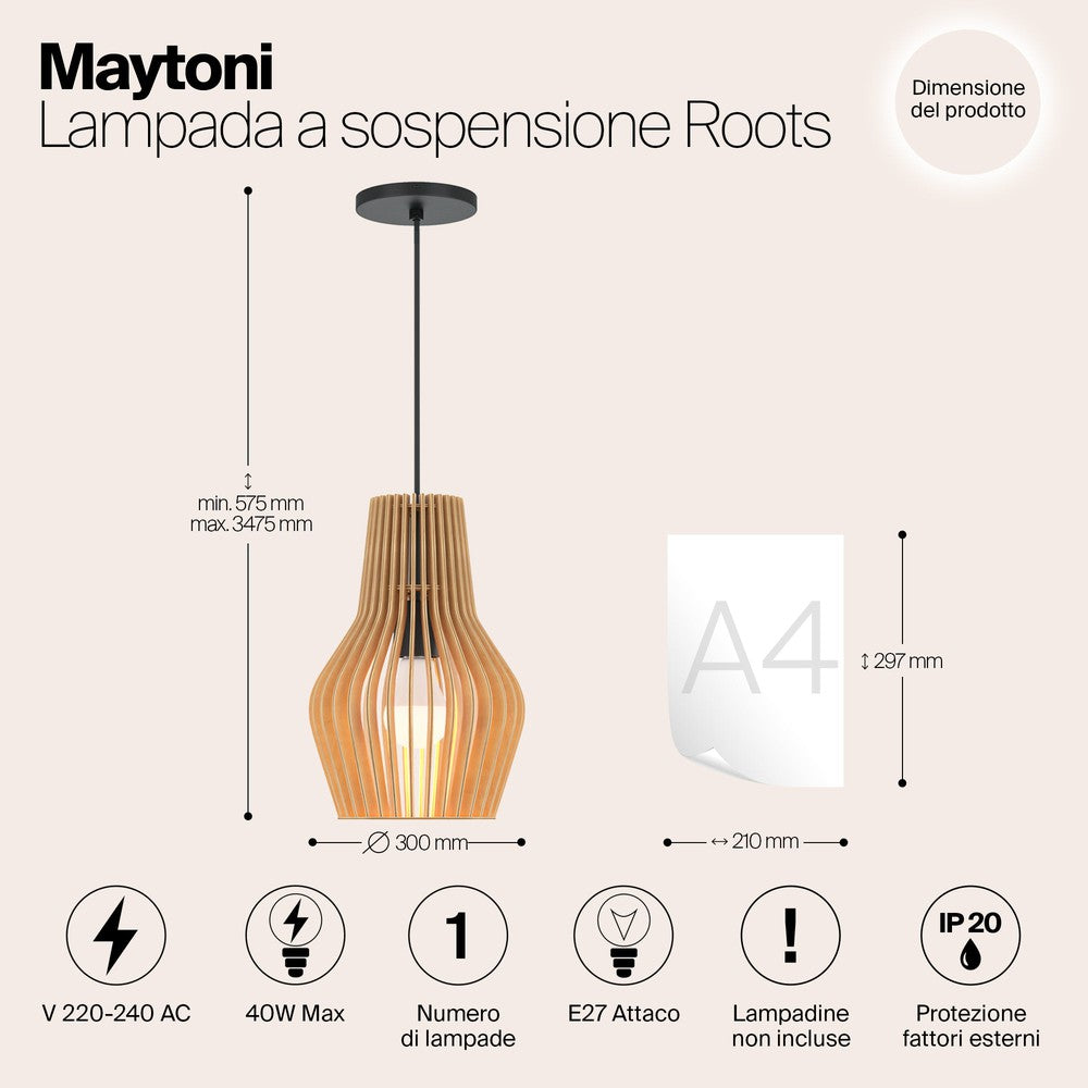 Roots Minima Pendant Lamp With Wooden Lampshade-Maytoni-South Charlotte Fine Lighting