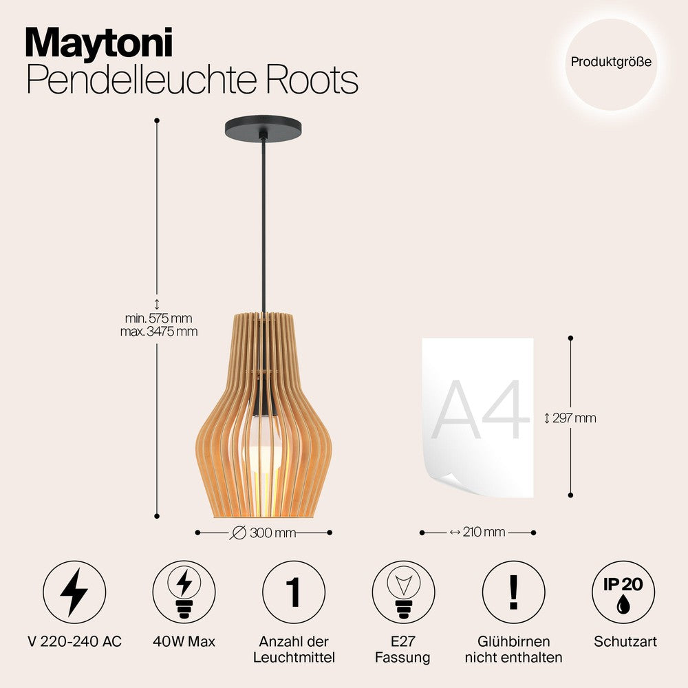 Roots Minima Pendant Lamp With Wooden Lampshade-Maytoni-South Charlotte Fine Lighting