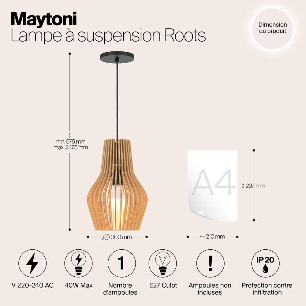 Roots Minima Pendant Lamp With Wooden Lampshade-Maytoni-South Charlotte Fine Lighting