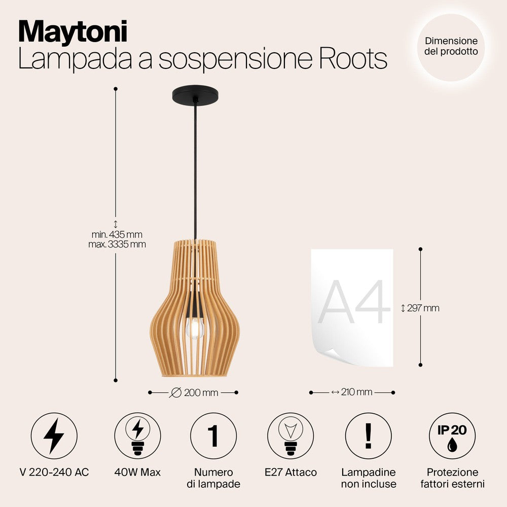 Roots Pendant Lamp In Black With Beige Wooden Lampshade-Maytoni-South Charlotte Fine Lighting