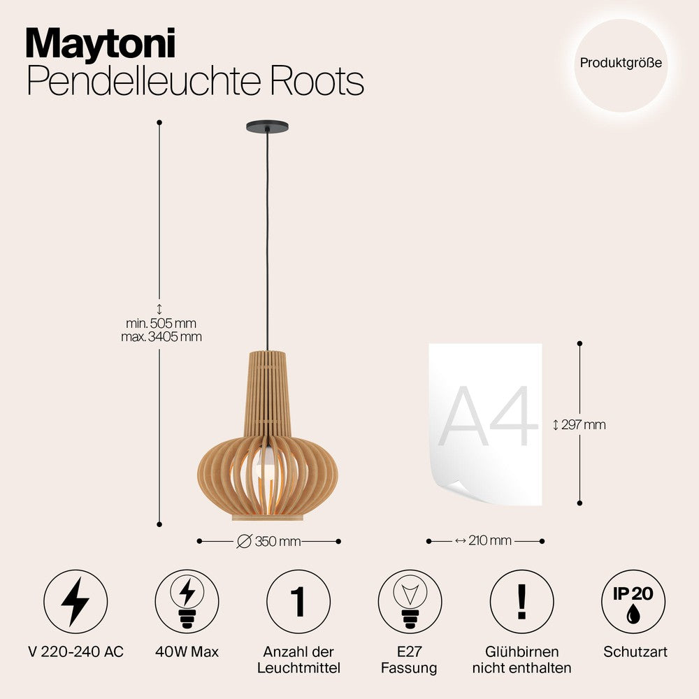 Roots Pendant Lamp With Scandanavian Japandi-Style Wooden Lampshade-Maytoni-South Charlotte Fine Lighting