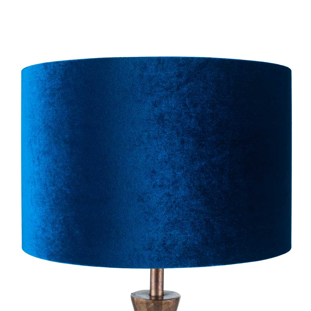 Bow Cylinder Sapphire Blue Velvet Lamp Shade shown on table lamp sold by South Charlotte Fine Lighting