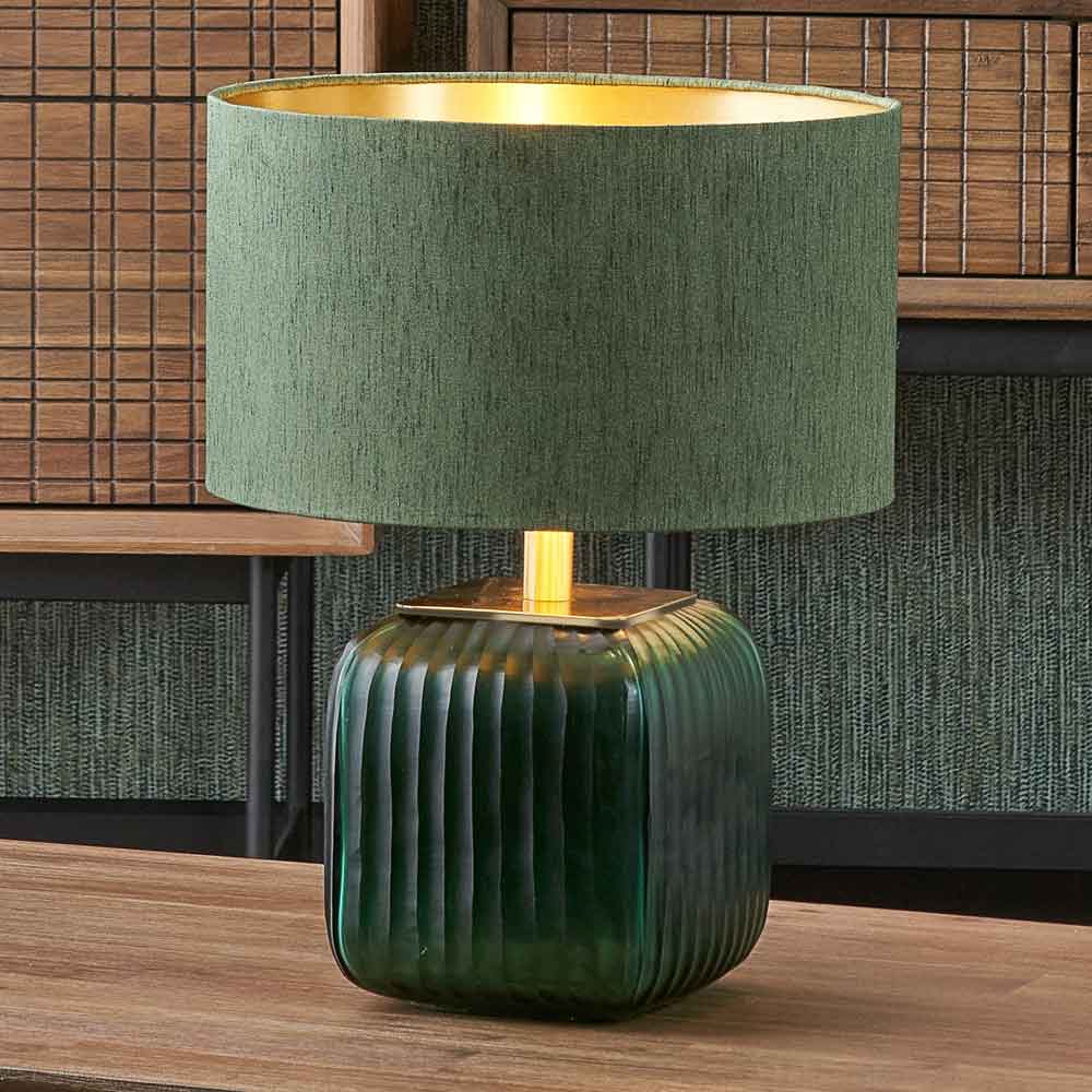 Table lamp with green glass and optional green lampshade - all sold by South Charlotte Fine Lighting