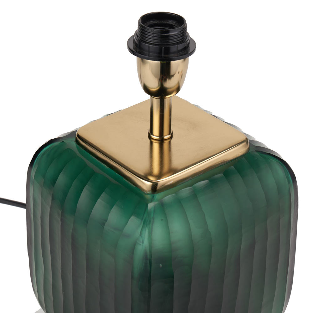 Table lamp with green glass showing cable on side