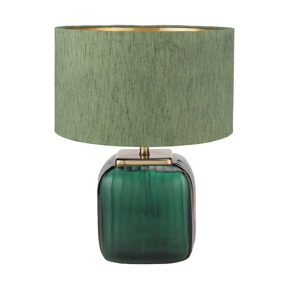 Anais table lamp with green glass and slubby optional lampshade in green