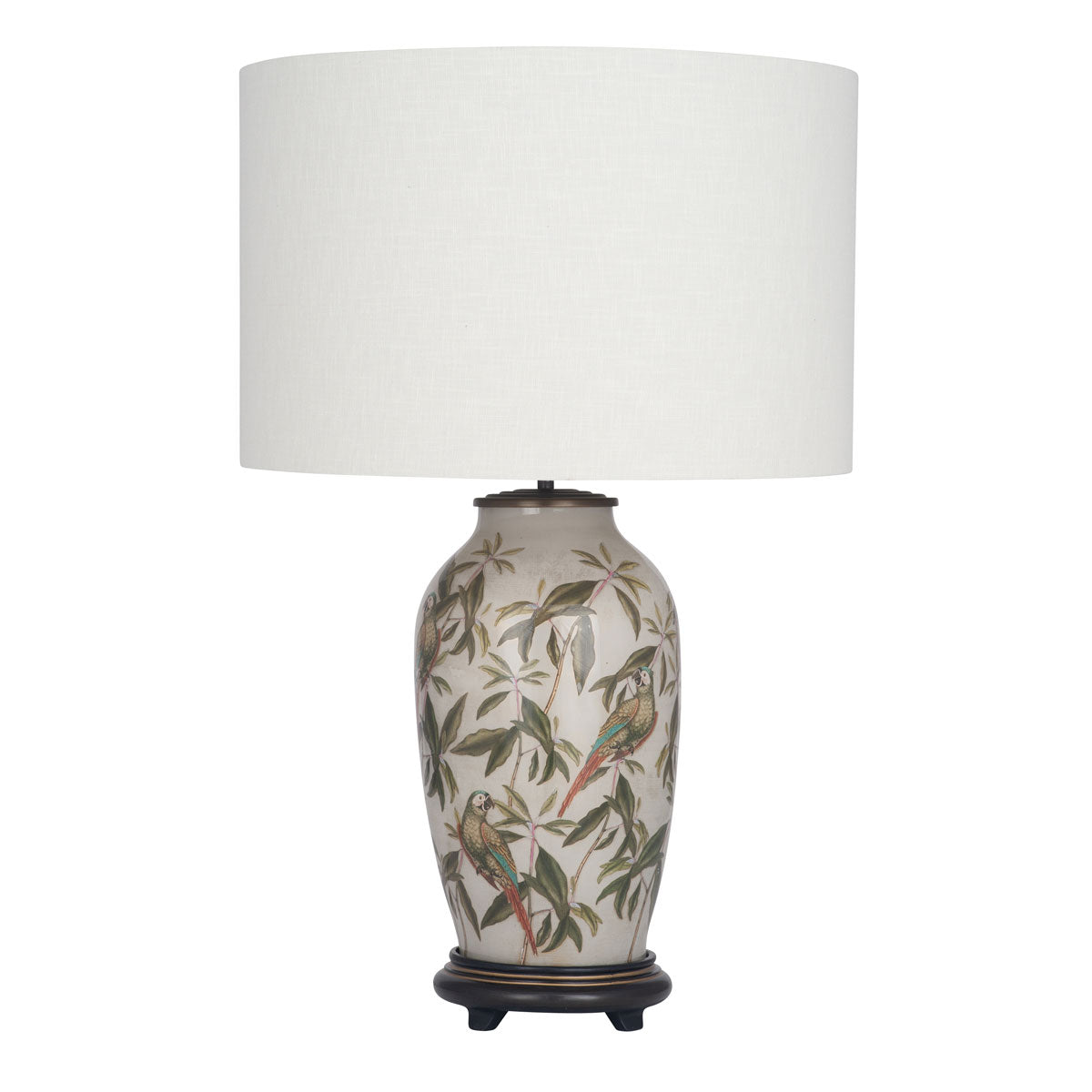 Table lamp with birds and leaves is shown here with a cylinder lampshade