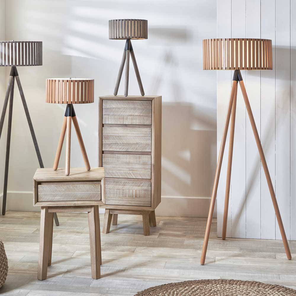 The Rabanne rane of stand lamps and table lamps made from wood