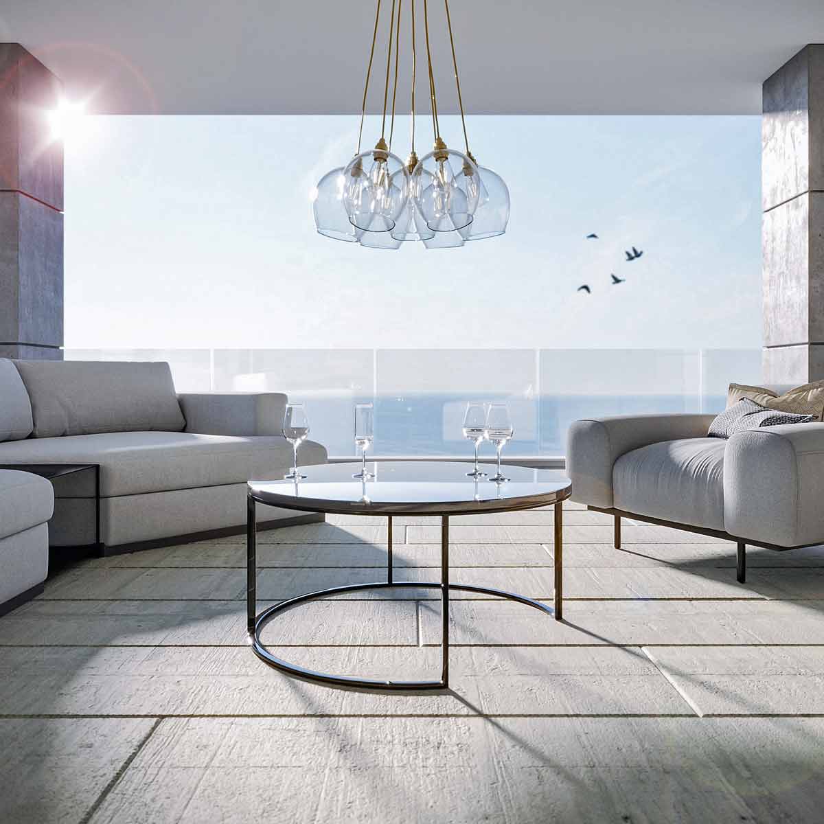 Designer pendant lighting cluster in a living area
