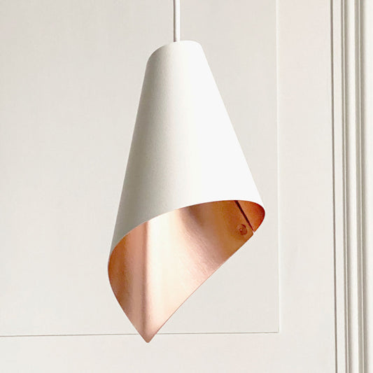 ARC SINGLE PENDANT LIGHT IN WHITE AND BRUSHED COPPER