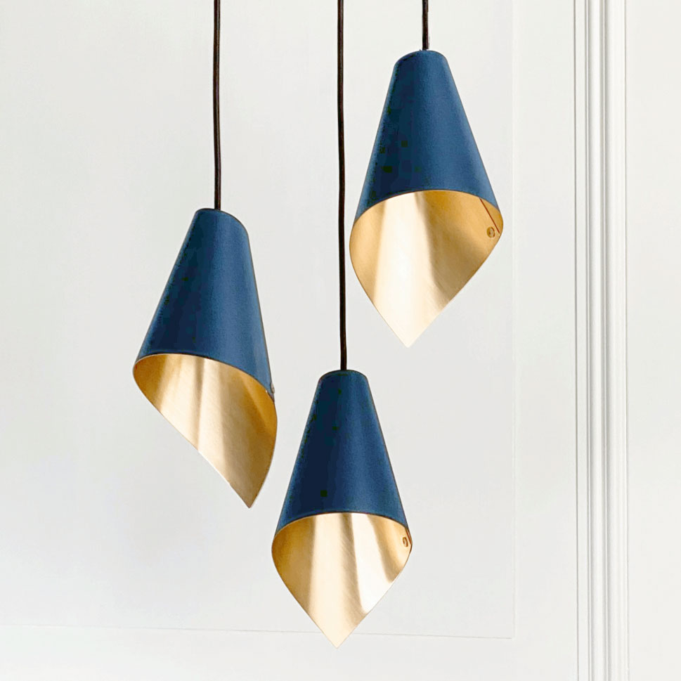 ARC 3 blue and brushed brass pendant lights – supplied by South Charlotte Fine Lighting