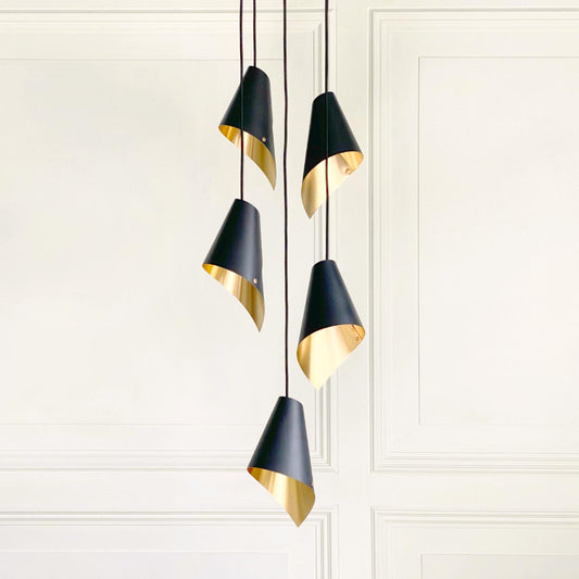 Statement contemporary lights from the Arcform ARC 5 range, finished in brass and gold, and supplied by South Charlotte Fine Lighting