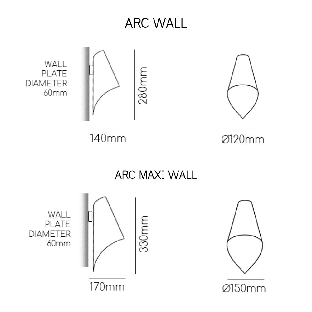 Lighting measurements for ARC Wall Lights in Standard and Maxi sizes, supplied by South Charlotte Fine Lighting