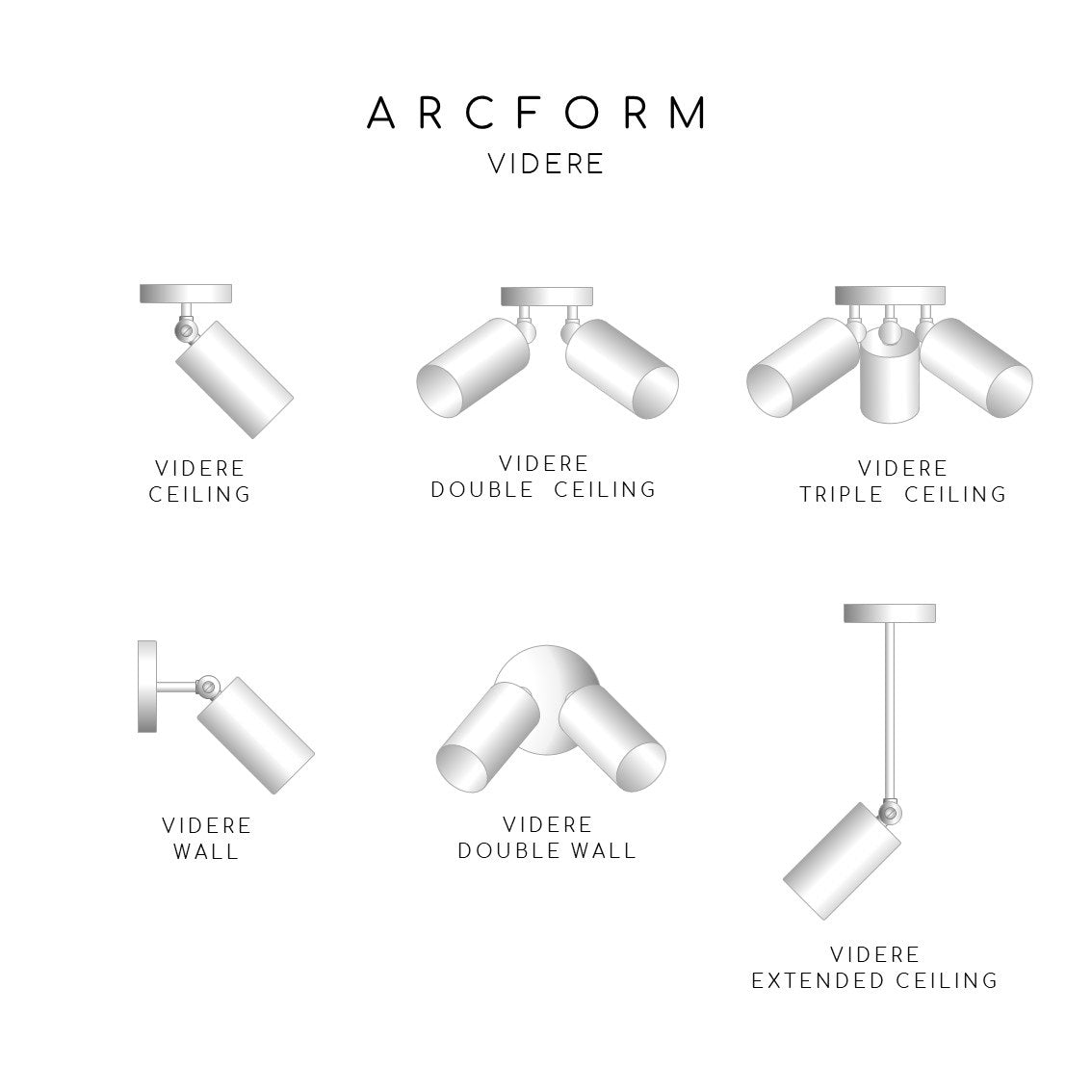 The Arcform VIDERE range includes ceiling, double ceiling, triple ceiling, wall, double wall and extended ceiling lights