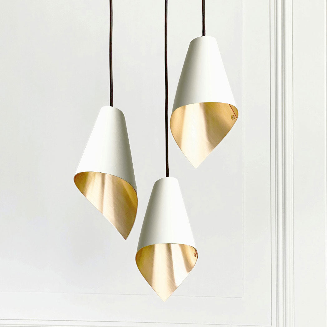 ARC 3 white and brushed brass pendant lights – supplied by South Charlotte Fine Lighting