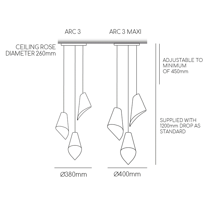 ARC 3 Standard and ARC 3 Maxi pendant lighting in blue lighting diagram